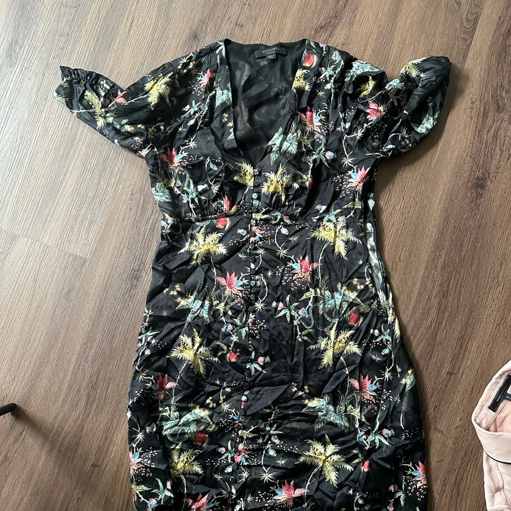 AllSaints Floral Black V Neck Mini Dress - Medium